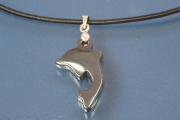 Necklace, leather cord 2mm, with Hematite pendant dolphin, length adjustable 25cm to 50cm