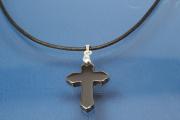 Necklace, leather cord 2mm, with Hematite pendant cross, length adjustable 32cm to 60cm