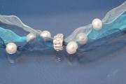 Ribbon necklace 3-rows dark blue / light blue / grey with freshwater pearls and clips, length ca. 70cm