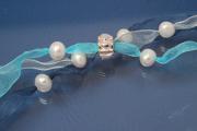 Ribbon necklace 3-rows dark blue / light blue / grey with freshwater pearls and clips, length ca. 70cm