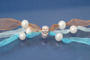 Ribbon necklace 3-rows turquoise / light blue / brown with freshwater pearls and clips, length ca. 70cm