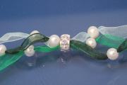 Ribbon necklace 3-rows emerald / dark green / turquoise with freshwater pearls and clips, length ca. 70cm
