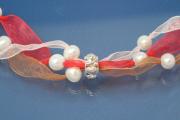 Ribbon necklace 3-rows red / brown / salmon with freshwater pearls and clips, length ca. 70cm