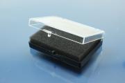 Box, plastic, black / clear, 55x38x10mm with foam inlay 10mm