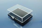 Box, plastic, black / clear, 55x38x18mm with foam inlay 5mm