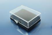 Box, plastic, black / clear, 55x38x18mm with foam inlay 10mm