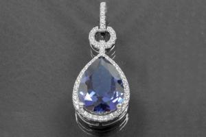 Pendant teardrop shape with blue Spinel 925/- Silver rhodium plated and polished,