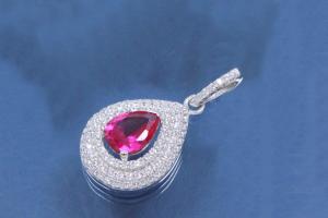 Pendent drop shape with red corund 925/- Silver rhodium polished